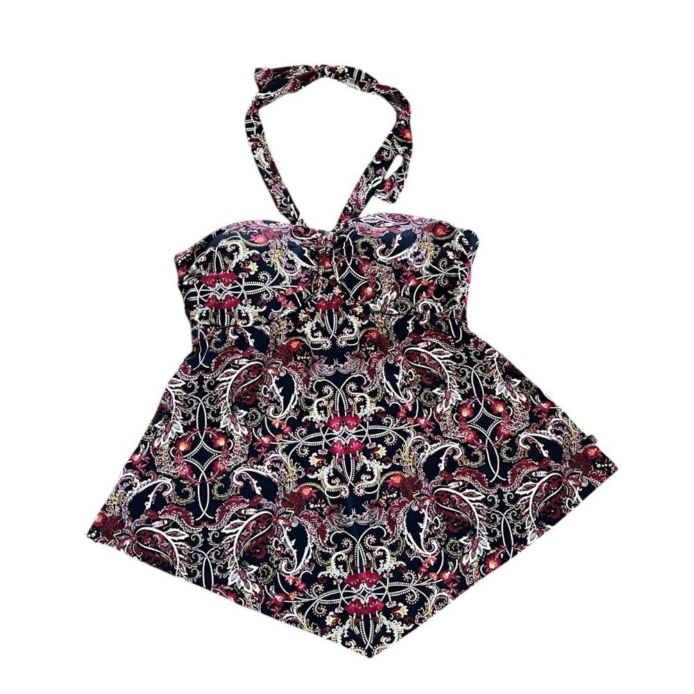 La Vie en Rose Aqua Paisley Swim Tankini top halter handkerchief hem boho medium